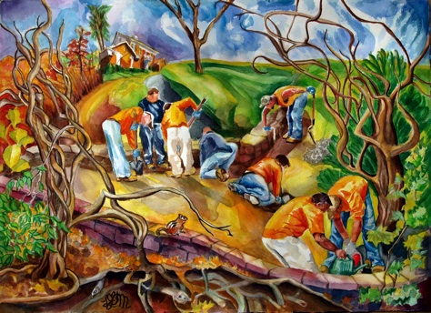 Men at Work, Missouri Life, Watercolor Painting, Allegorical Painting, Landscape